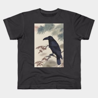 Japanese Raven painting, sumi-e ink brush Kids T-Shirt